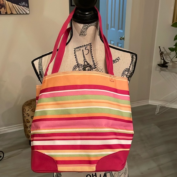 Lancôme Multi-Color Stripe Canvas Tote/Beach Bag- Size: 17”x 10”-Phases Inside - Picture 1 of 5
